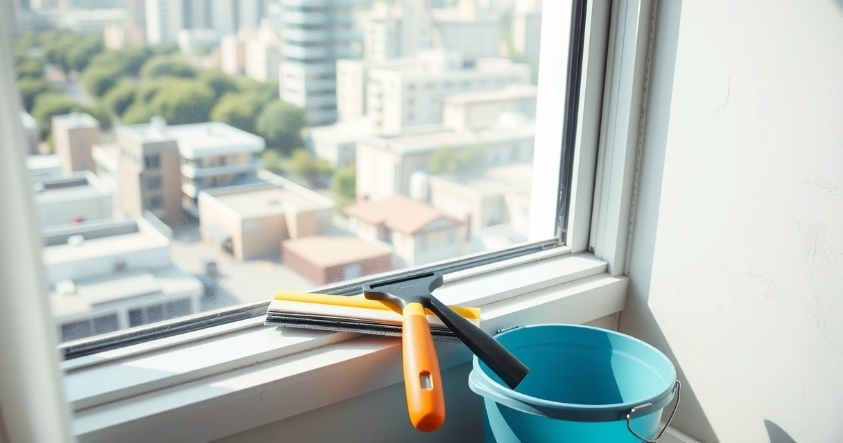 Rodo e balde no peitoril de uma janela de apartamento com vista da cidade