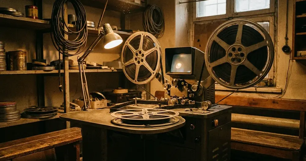 máquina antiga de montagem de filme com rolos metálicos