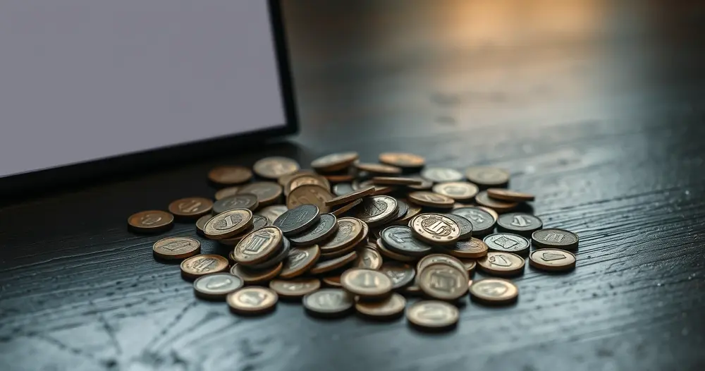 Conjunto de moedas antigas espalhadas sobre mesa de madeira escura
