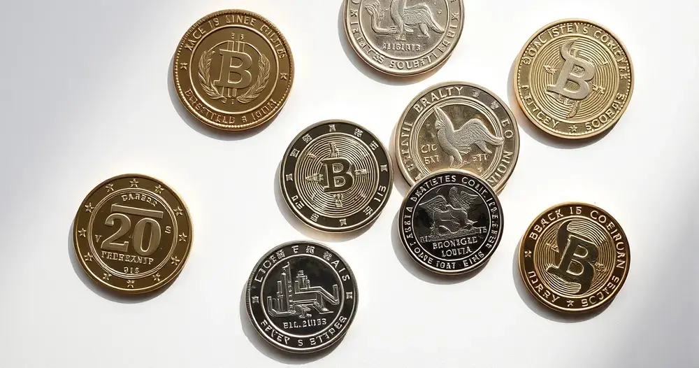 Moedas comemorativas de um real dispostas sobre superfície clara